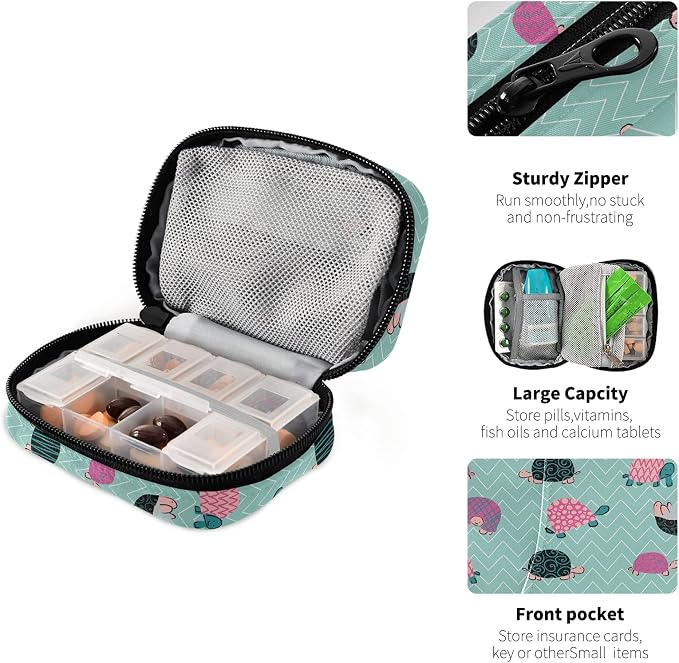 Naanle Swirl Cartoon Turtle Pill Box 7 Day Pill Case Travel Pill Organizer Bag with Zipper Portable Weekly Case Compact Size for Vitamin Supplement Holder Home