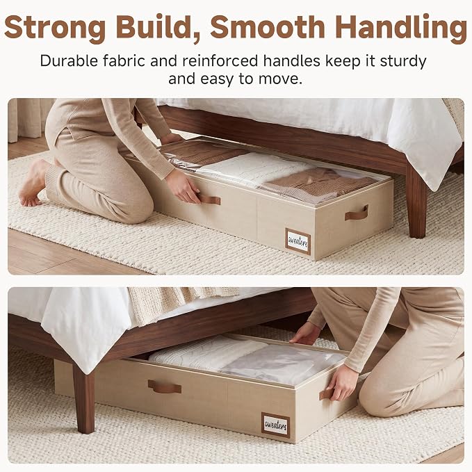 StorageWorks 7 Inch Low Profile Under Bed Storage Containers with Clear Lid | Reinforced Structure, Resists Sagging, Handles & Label Holder, Foldable Stackable Closet Storage for Clothes, Blankets, Toys