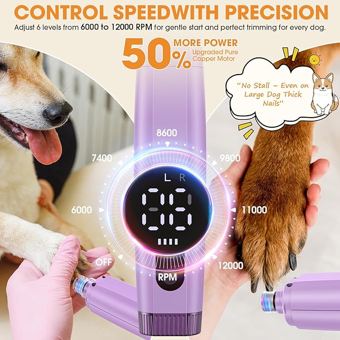 ATESON Dog Nail Grinder with LED Light, 6-Speed Quiet Electric Pet Nail Trimmers, Forward/Reverse, Powerful No-Stall Motor, 2000mAh Battery 8H Runtime, Dust Capture with Nail Clippers for Dogs & Cats