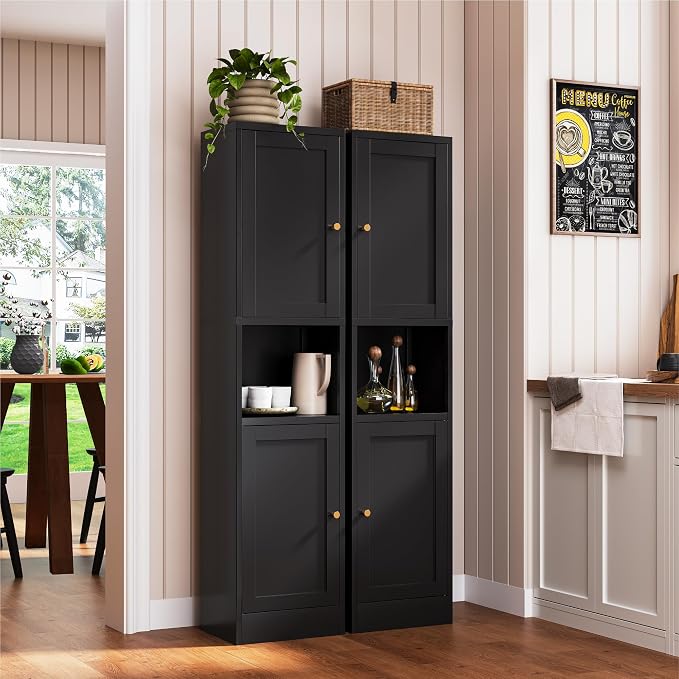 YAUWOH 2-Door Metal Storage Cabinet, Tall Slim Pantry Organizer with 3 Adjustable Shelves (120LBS/Shelf), Anti-Tipping Waterproof Cabinet for Bathroom/Kitchen/Home Office/Small Spaces, (1PC,Black)