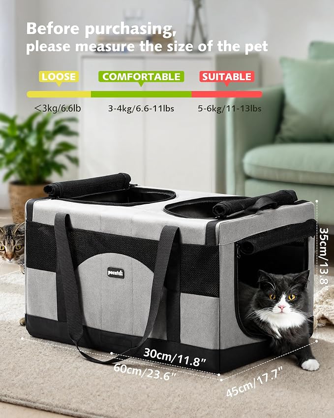 Pecute Large Cat Carrier, Soft Double Pet Crate for 2 Cats Travel, Gray | Anti-Collapse Steel Frame, Convertible Dual Space, Foldable, Polyester Breathable mesh, Up to 26 lbs, Car Travel & Vet Visits