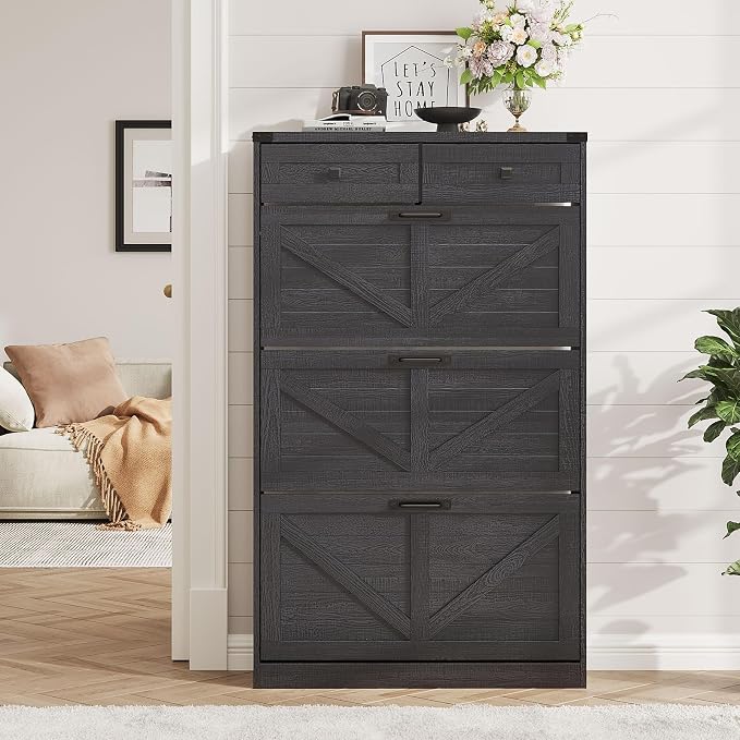 Halitaa Shoe Cabinet with 3 Flip Drawers & 2 Drawers,Freestanding Shoe Storage Cabinet for Entryway,Farmhouse Narrow Slim Organizer Rack for Foyer,Hallway,Black