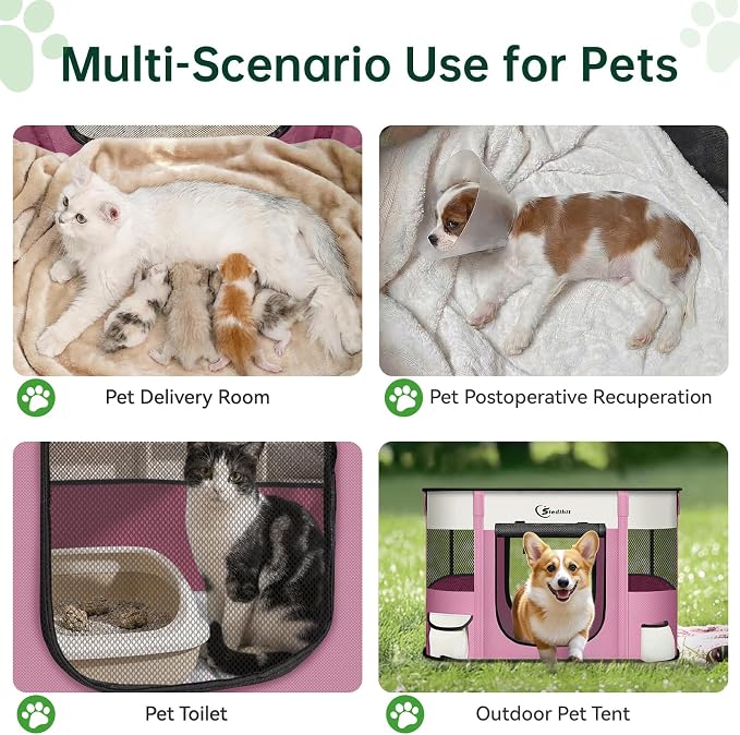 Siedihit 31" Dog Playpen,Cat Puppy Pen, Pet Portable Crate Indoor Outdoor | Durable Travel Camping Use,Foldable Dog Kennel Tent Cage for Rabbit Small Animals with Carrying Case (Pink, Medium)