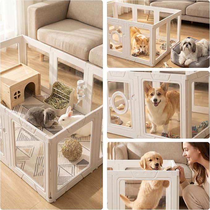 LEVELEVE Clear Acrylic Dog Playpen Indoor, Small Pet Play Pen for Puppy Cat Rabbit, Portable Dog Fence Crate Kennel Whelping Cage, 24" Height, White, 10 Panels
