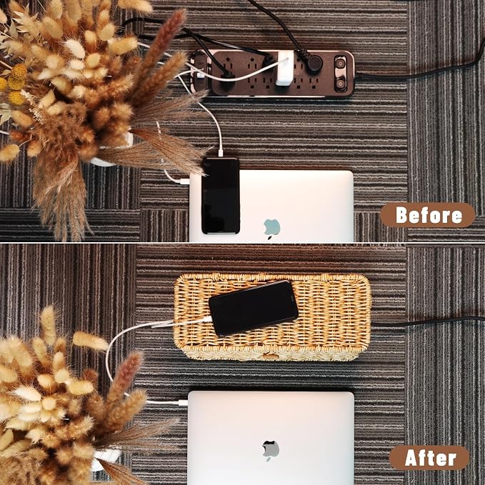 Cable Management Box, Cord Organizer with Lid & Cable Ties - Natural Small | Handmade Open Slots Cord Hider Outlet Covers for Power Strip TV PC Router Charger Under Desk Storage