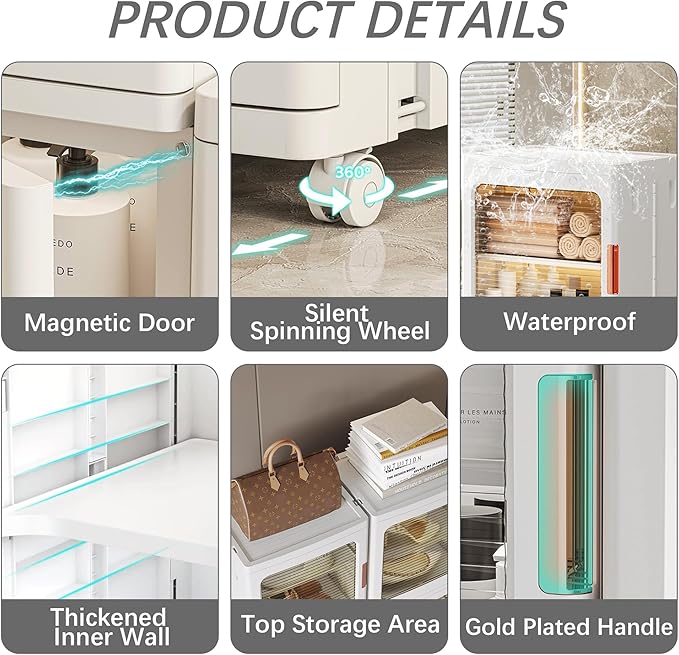 Tall Narrow Storage Cabinet with Movable Wheels, Adjustable Shelves & Magnetic Doors – Foldable Slim Plastic Organizer for Bathroom, Kitchen, Laundry, Ideal for Small Spaces(4-Tier,White)