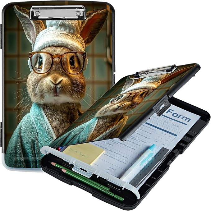 A4 Clipboard with Storage Pen Holder, Clipboards Organizer Nursing Clipboard Foldable File Folder Plastic Clipboard Folio Clip Board for Office Work Classroom Doctor, Glasses Rabbit