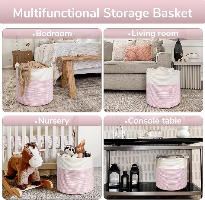 Goodpick Woven Rope Blanket Basket Living Room, 40L, Pink | Small Laundry Basket for Organizing Baby Clothes, Blankets & Pillows, Great for Bedroom Nursery Home Décor, Pink