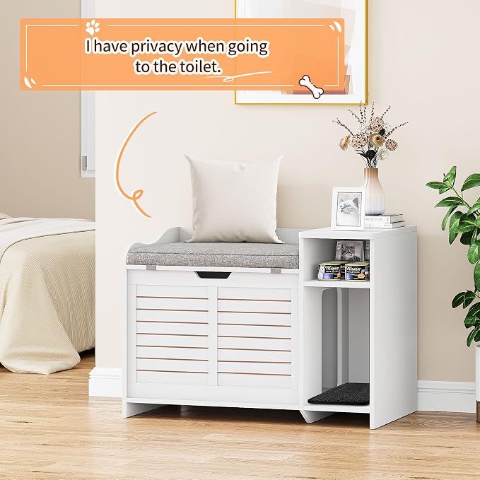 Cat Litter Box Enclosures Large Hidden Cat Litter Box Furniture Enclosure w/Top Opening Door, Wooden End Table Pet House w/Storage Shelf, Cushion & Mat, Dog Proof Design for Easy Cleaning