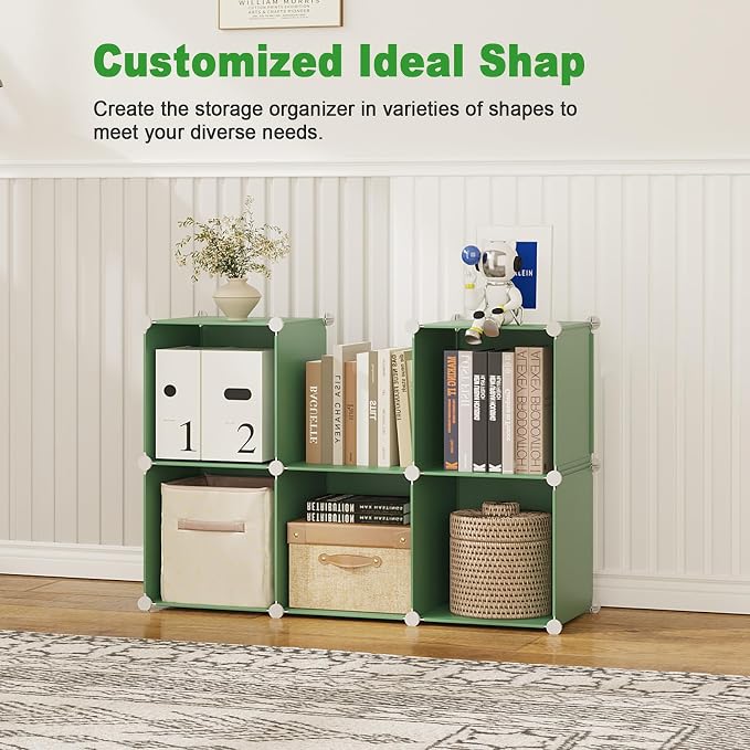 C&AHOME 6-Cube Storage Organizer Cube Shelf Closet Storage Bookcase, Green | Stackable Cubby Storage, Bookshelf, Portable Plastic Storage Closet Organizer, DIY Modular Shelving Units for Home, Wardrobe
