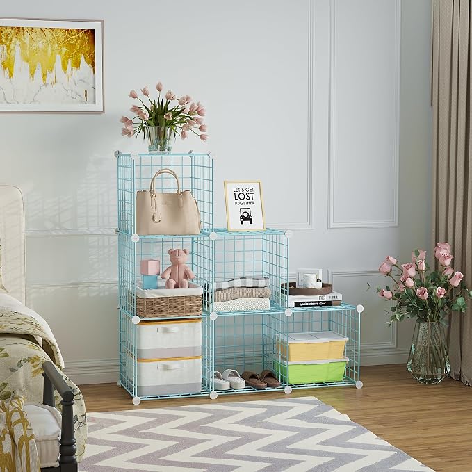 C&AHOME Wire Cube Storage, 6 - Cube Organizer Metal C Grids Units, Blue | Modular Shelves Units, Closet Organizer, Storage Bins Shelving, Ideal for Home, Office, Living Room