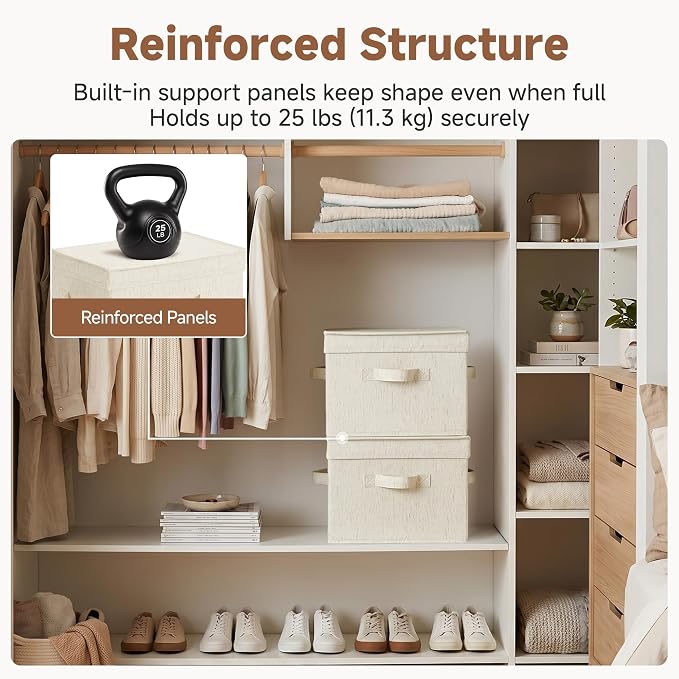 StorageWorks Fabric Storage Bins with Lids, Closet Storage Bins | Flip-Top Lid, 3 Handles, Collapsible, Stackable, for Clothes Blankets, Multi-Purpose, Medium, Rustic Linen, 2-Pack
