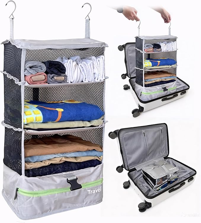 Stow-N-Go Portable Hanging Travel Shelves, Packing Organizer for Luggage. Carry on Closet with Hanger for Clothes. Expandable Packing Cube. Travel Essentials, Light Gray - L