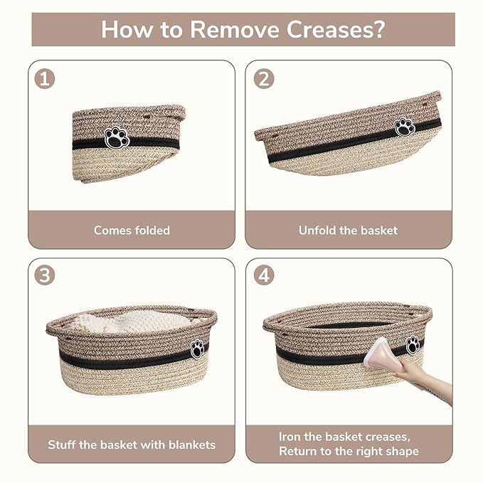 Woven Rope Dog Toy Basket with Paw Print, Brown Mix | 12"x 8" x 5" Small Dog Toy Bin & Box with Handles, Fits Living Room Bedroom Nursery Organization, Gift Basket Empty for Pets