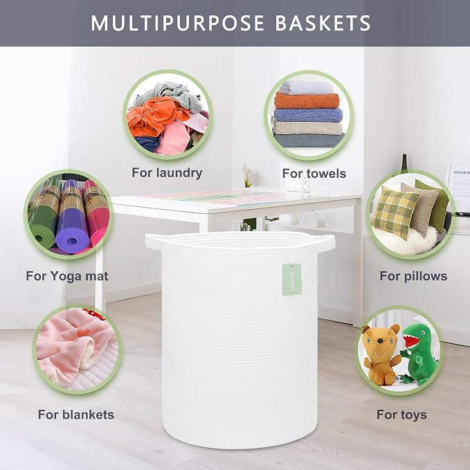 Cotton Rope Basket for Girls Boys, 72L Tall Laundry Hamper, White