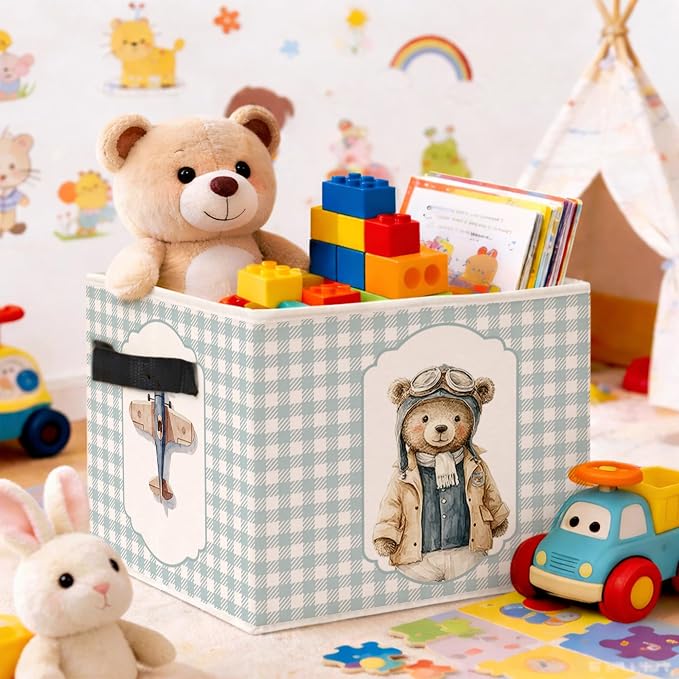 Airplane Bear Storage Bin, Pilot Teddy Plaid Foldable Fabric Basket | Cute pilot teddy bear fabric organizer for nursery, bedroom, playroom, toys, books, and clothes