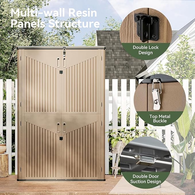 Aoxun Outdoor Storage Shed, 64 Cu.Ft Vertical Storage Sheds, Brown | Outdoor Waterproof Storage Cabinet for Garage Storage, Resin Sheds Outdoor with Floor