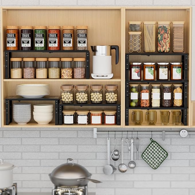 Expandable Spice Rack Kitchen Cabinet Shelf Organizer, Stackable Storage Shelves Racks, Adjustable Counter Shelving for Cabinets, Countertop, Cupboard,Pantry and More(3Packs/Black/Medium)