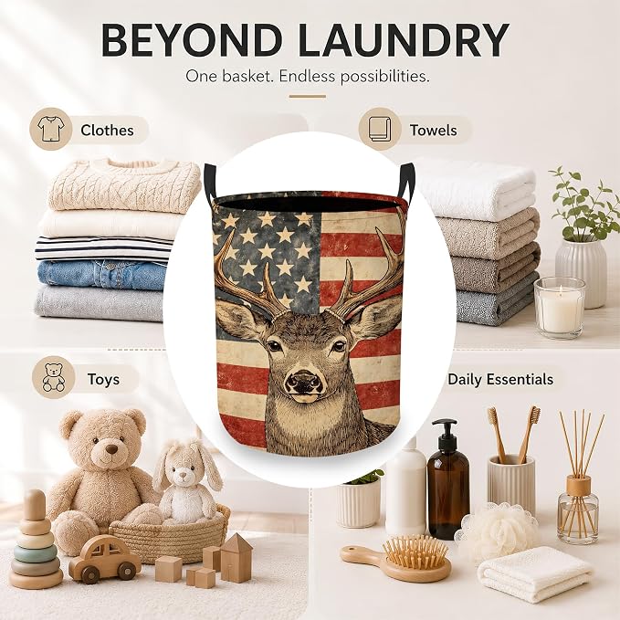 Retro Deer Laundry Hamper, American Flag Laundry Baskets, Waterproof Oxford Cloth for Room/Bathroom/Bedroom/Dormitories 16x20.8 Inch