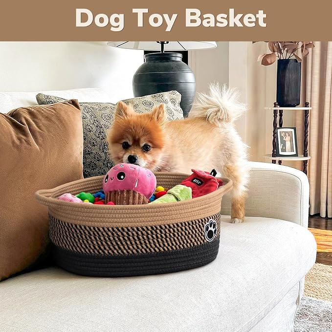 Medium Woven Rope Dog Toy Basket with Paw Print, Black Brown | 13.6"x 10" x 6", Dog Toy Bin & Box With Handles, Gift Basket for Pet Cat, Storage Basket for Baby Shower, Closet, Living Room