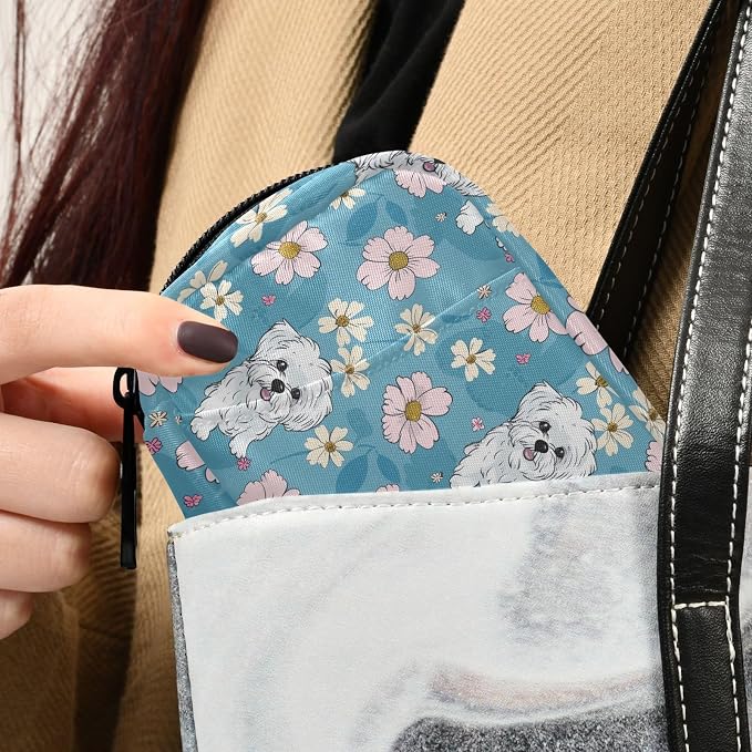 Fustylead Cute Cartoon Maltese and Daisy Flowers Pill Organizer Travel Bag, Small Portable Pill Case Cute for Vitamin Fish Oil Supplements Medicine Organizer with Zipper