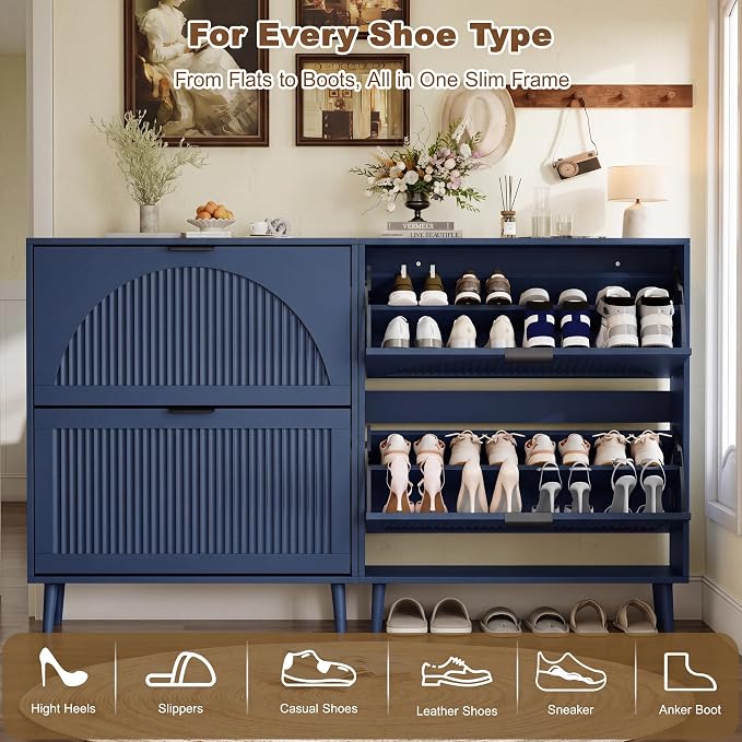 Shoe Storage Cabinet with 2 Flip Drawers, Narrow Wood Shoe Organizer Cabinet with Fluted Panel, Slim Shoe Rack for Entryway, Freestanding Shoe Cabinet for Living Room, Hallway, Blue