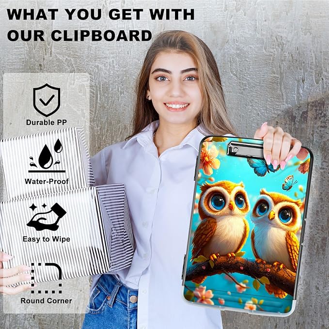 Owl Blue A4 Clipboard with Storage Pen Holder, Clipboards Organizer Nursing Clipboard Foldable File Folder Plastic Clipboard Folio Clip Board for Office Students Classroom Doctor