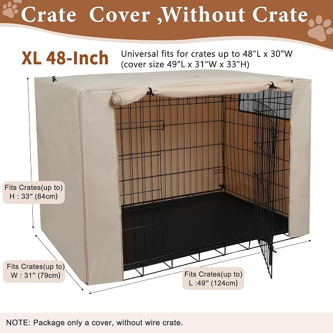 Deblue Dog Crate Cover, 48 Inches Durable Polyester Indoor Kennel Cover | Fit for 1 2 Doors Standard Wire Cage (Beige)