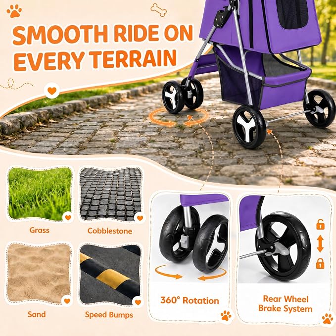 ZENY Foldable Pet Stroller, Cat/Dog Stroller with 4 Wheels | Pet Travel Carrier Strolling Cart with Storage Basket, Cup Holder (Purple)
