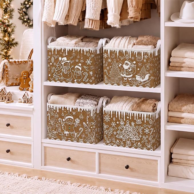 4 Pack Christmas Storage Bin Collapsible Large Christmas Gingerbread Storage Baskets for Gifts Canvas Laundry Basket Foldable Box with Handle for Winter Party Office Home Bedroom Clothes Decor