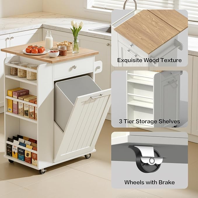 Kitchen Island with Trash Can Storage & Drop Leaf, Portable Kitchen Island on Wheels, Rolling Island Table for Kithchen
