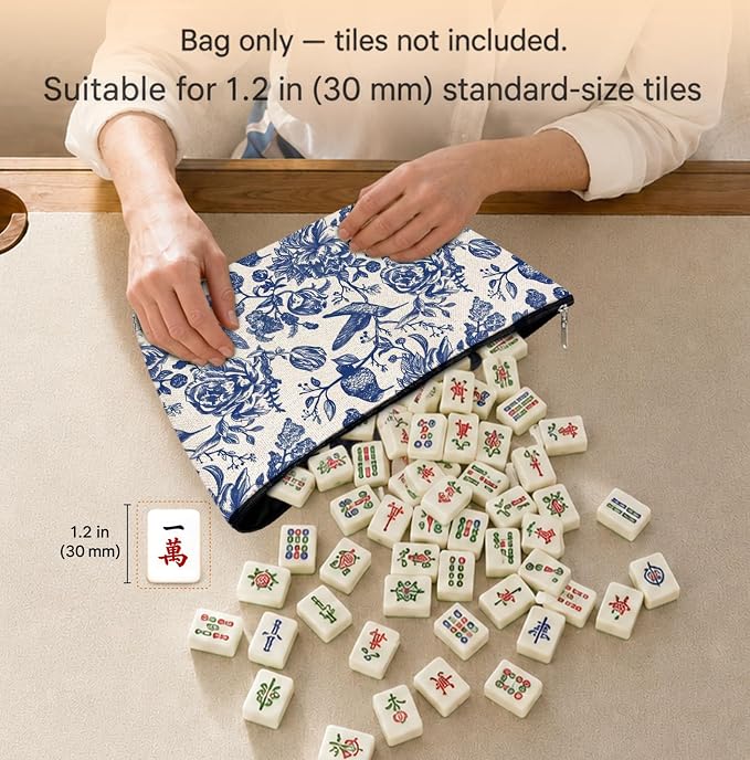 Blue and White Chinoiserie Empty Mahjong Tile Bag 13x7.8 Inch | Floral Bird Printed Portable Travel Case Organizer Zipper Pouch for American Mahjong Tiles Game Night Accessories and Gifts