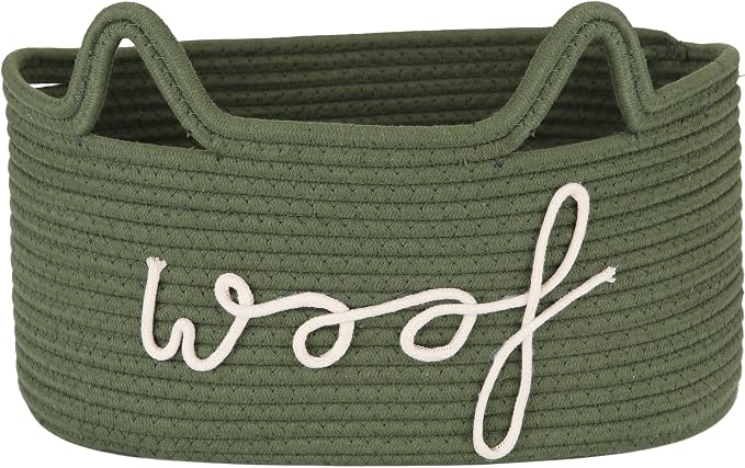 Sea Team Dog Toy Storage Basket with Handles and Ears, Green Woof | Large Cotton Rope Storage Bin, Shelf Basket, Organizer for Pet Chew Toys, Foods, 16.5 x 11 x 7 Inches, 4.4 Gallons