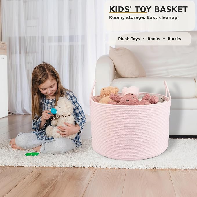 XUANGUO 66L Large Blanket Basket, Round Cotton Rope Basket, Light Pink | 20" x 13" Laundry Basket with Sturdy Handles for Blankets, Pillows and Toys; Storage for Living Room, Bedroom and Nursery