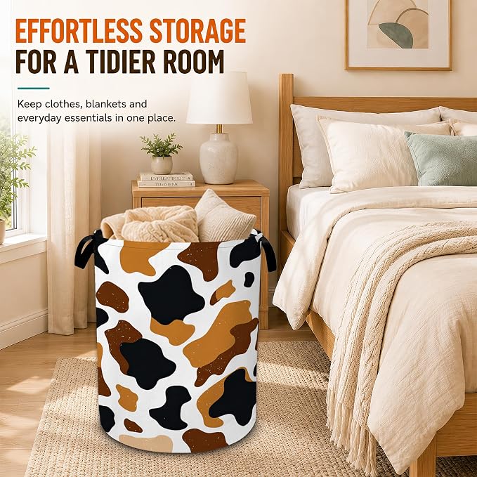 Cow Skin Laundry Basket with Handles,Black Brown Foldable Oxford Laundry Hamper,Collapsible Clothes Storage Basket for Laundry Room/Bathroom/Bedroom/Dormitories 20.8 x 16 Inches