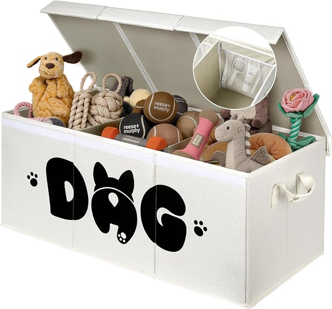 Dog Toy Basket with Lid, 3 Compartments Dog Basket for Toys, Dog Toy Box with 2 Removable Dividers, Collapsible Storage Bins for Dog Toys, Dog Storage Organizer, Beige
