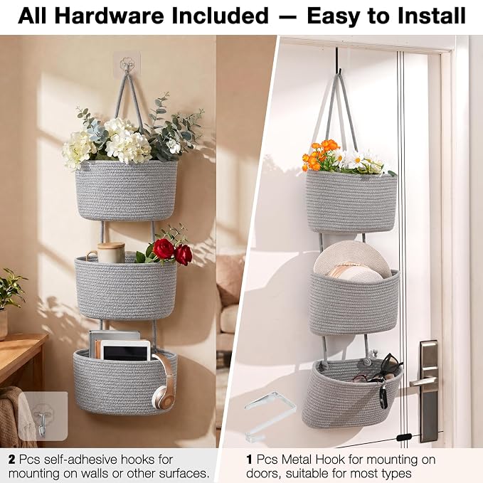 ICERZCZ Hanging Baskets for Organizing, Over the Door Decorative Storage Organizer, Nursery Decor Organization, 3-Tier Wall Basket for Entryway Playroom Bathroom Closet, Light Gray