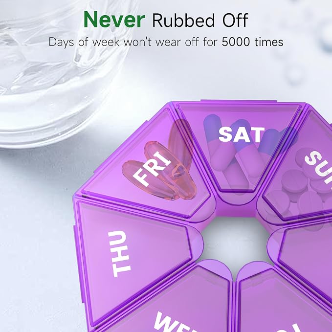 Weekly Pill Organizer, 2 Pack Portable Travel Pill Box, 7 Day Pill Case | Easy Open, BPA-Free, Arthritis Friendly Medicine Pill Container, Medicine Case for Vitamins,Supplements Medications, Purple