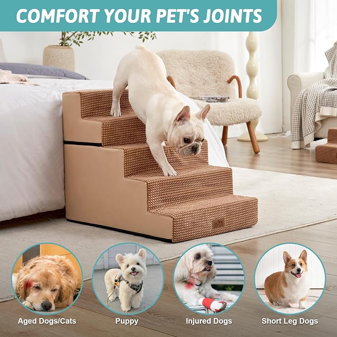 COZY KISS Dog Stairs for Small Dogs, 5 Step Pet Stairs for Beds & Couches | 23.6" Extra Wide Non-Slip Dog Steps with Removable Tiers & Support Board for Puppies, Older Cats & Dogs, Light Brown