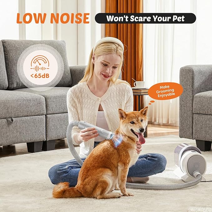 Sweetcrispy Professional Pet Grooming Vacuum Kit, 2.5L Cup, 3 Suction Modes, and 5 Groomer Tools with Cordless Low Noise Dog Clippers for Cats, Other Animals Hair Trimmer, Gray