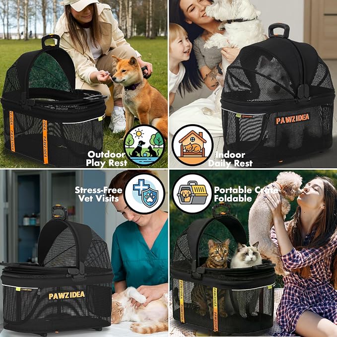 PAWZIDEA Pet Stroller 4-in-1, Foldable Dog Stroller with Detachable Carrier | Escape-Proof No-Zip Canopy, Portable Travel Crate & Car Seat Combo, for Small to Medium Dogs & Cats up 33 lbs, Storage Basket