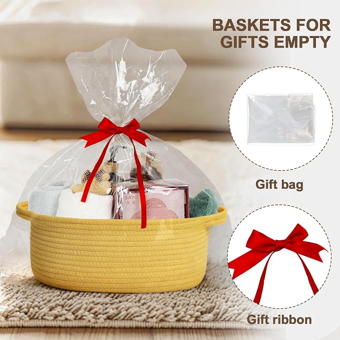 WILLITAT Yellow Basket for Gifts Empty, 13"x 9"x 5" Small Woven Gift Basket with Bag and Ribbon, Cotton Rope Dog Cat Toy Bin Box, Cute Baby Nursery Organizer, Decorative Storage with Handles, Yellow