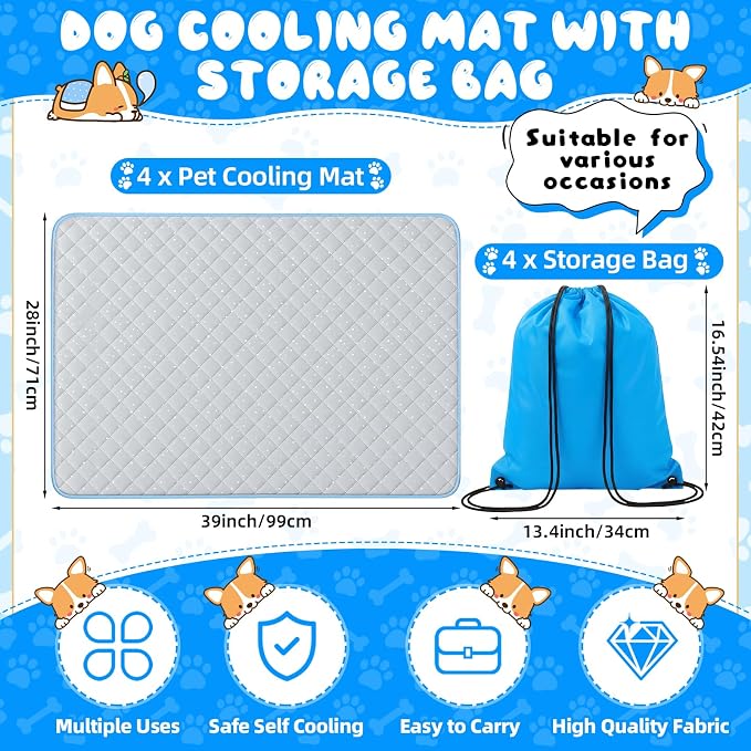 Nuanchu 4 Pack Dog Cooling Mat for Large Dogs, 39'' x 28'' Self Cooling Dog Pad with Storage Bags Pet Bed Blanket for Dogs, Breathable & Washable for Summer Indoor Outdoor Crate Car Seat Travel