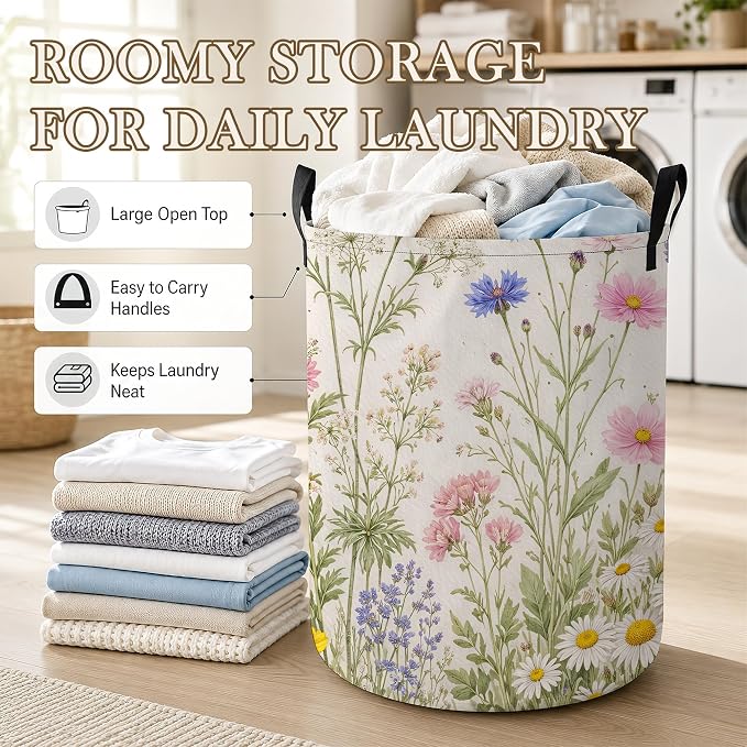 Flower Herbs Laundry Basket Oxford Cloth Wild Plant Laundry Hamper With Handle Foldable Portable Clothes Storage Basket Storage Bag For Laundry Room/Bathroom/Bedroom/Dormitory 20.8"x16"