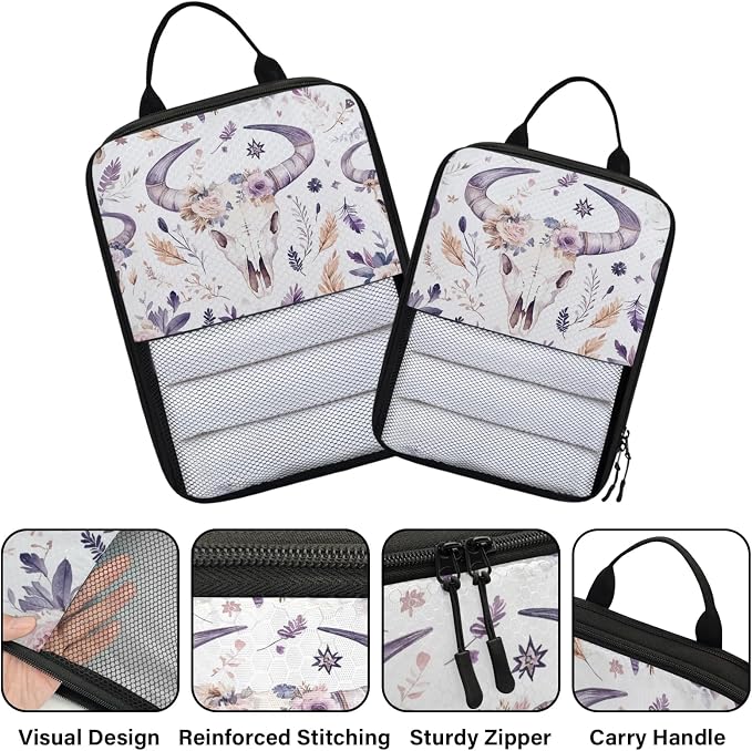 Bull Skull 6 Set Compression Packing Cubes | Western Retro Boho Floral Travel Accessories Expandable Packing Organizers Space Saver Bags for Organizing Clothes