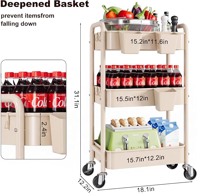 3 Tier Beige Rolling Storage Cart Metal on Wheels, Cream Three Tiered Diaper Caddy with Wheels,Utility Organizer Trolley for Nursery,Postpartum,Art,Craft,Khaki Roller Bedside Carts for Baby Essentials