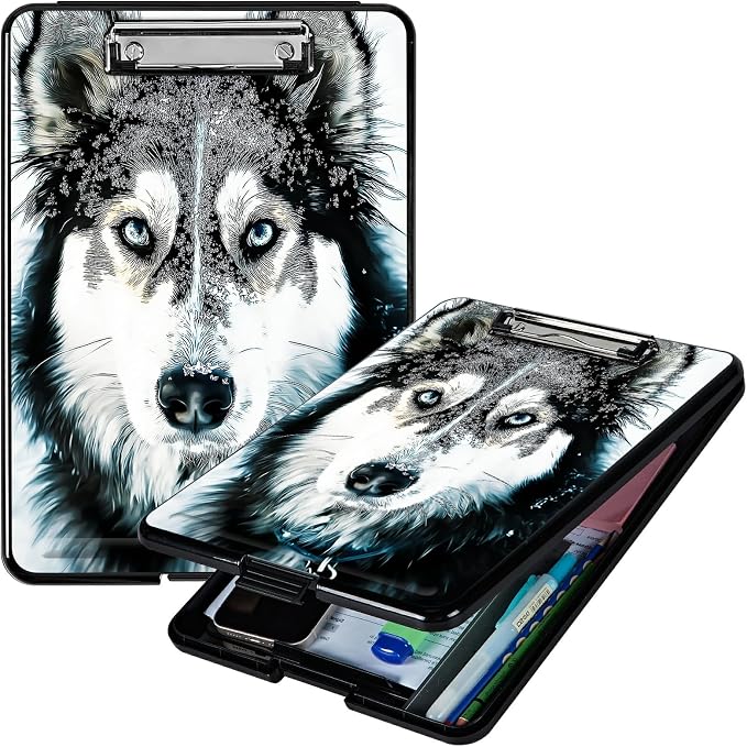 Heavy Duty Storage Clipboard, Slim Nursing Clipboard with Internal Pen Case, Portable File Organizer Case for A4 Letter Size Paper Office Medical Professionals, Huskies in Snow