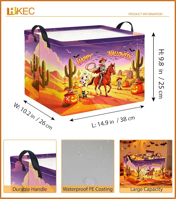 Rectangle Storage Basket with Handles,Collapsible Storage Bin,Books Box,Gift Basket(Cowboy Halloween)