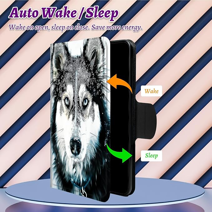 Rotating Handle Case for Samsung Galaxy Tab A8 10.5" 2022 (SM-X200/X205/X207), 360 Degree Swivel Kickstand with Magnetic Closure Shockproof Leather Cover for Women Men, Huskies in Snow
