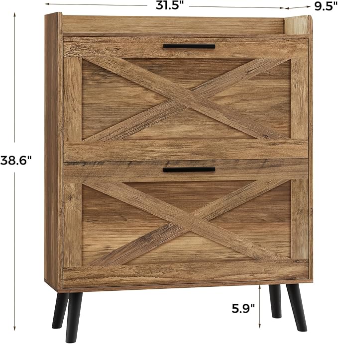 Homleke Farmhouse Shoe Storage Cabinet with Flip Drawers & Barn Door Design | Slim Narrow Shoe Rack Cabinet with Adjustable Shelves & Hidden Storage for Entryway, Hallway, Living Room, Rustic Walnut